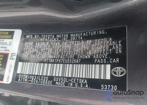 2014 Toyota Camry Se V6 from USA, damaged, VIN 4T1BK1FK7EU552687